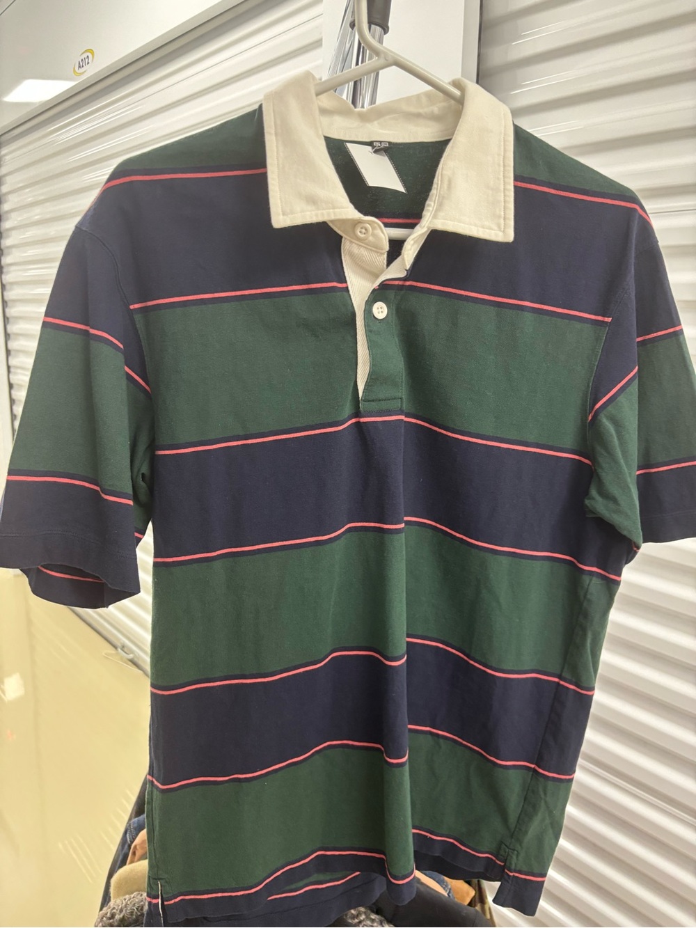 Uniqlo Green & Navy Striped Polo with Cream Collar